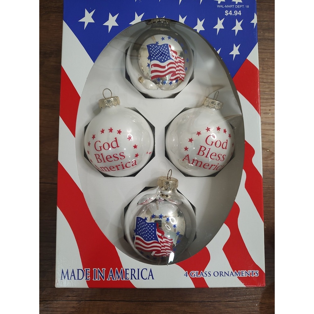 Vtg USA God Bless America 4 Glass Ornament Set Rauch Walmart Patriotic Flag O49